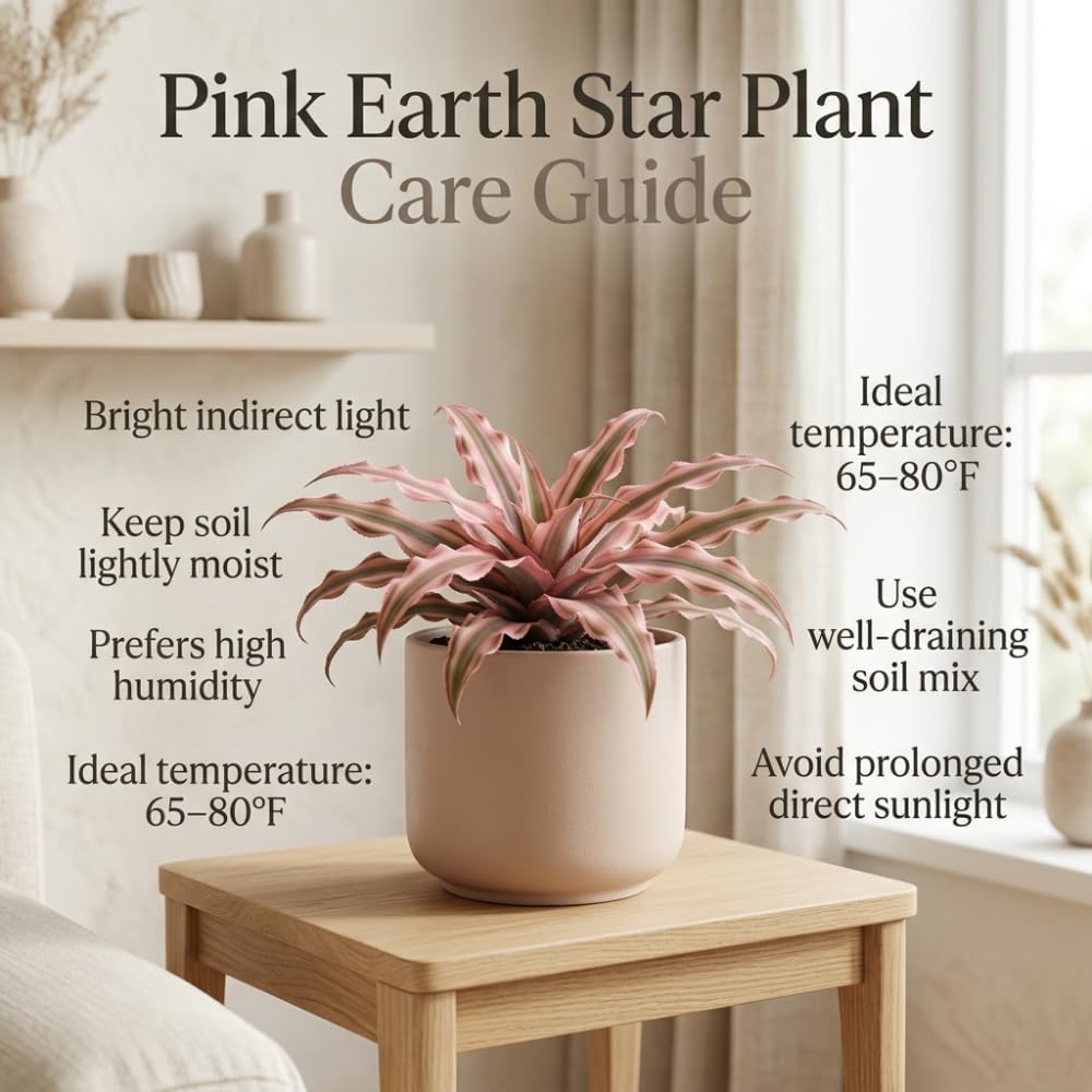 Pink Earth Star Plant, 4" Potted Cryptanthus Le Rey, High-Vigor Low Maintenance Indoor Bromeliad for Desks, Pet-Friendly Striped Pink Foliage
