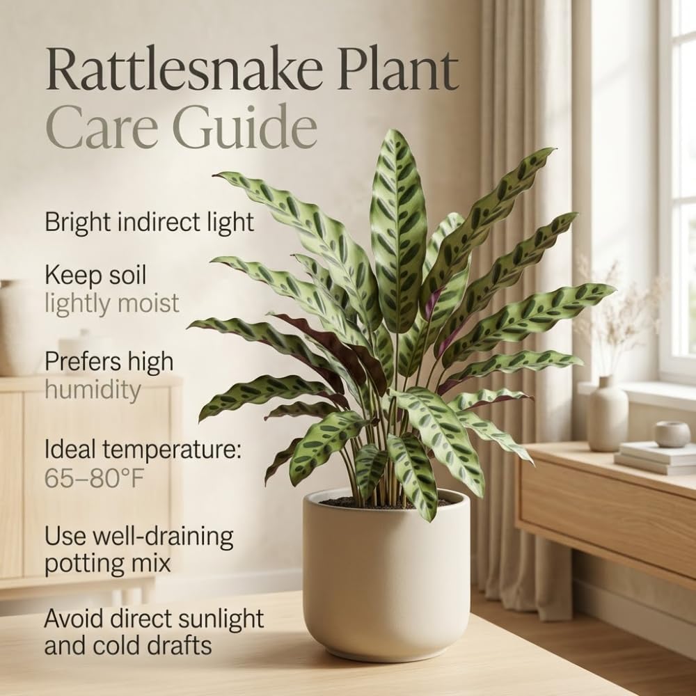 Calathea Rattlesnake Plant, 4" Pot, High-Vigor Low Maintenance Houseplant for Desks, Pet-Friendly Wavy Green & Purple Foliage