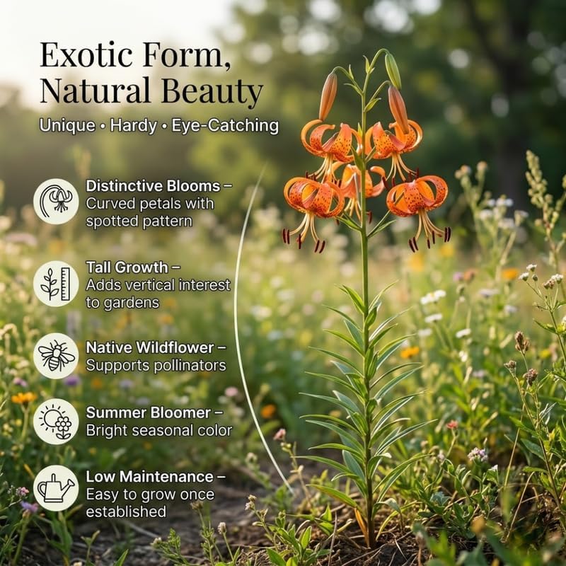 10 Tiger Lily Bulbs, Well-Rooted Turk's Cap Lilium Superbum Bulbs, Vigorous Growth Habit with Showy Recurved Orange Flowers