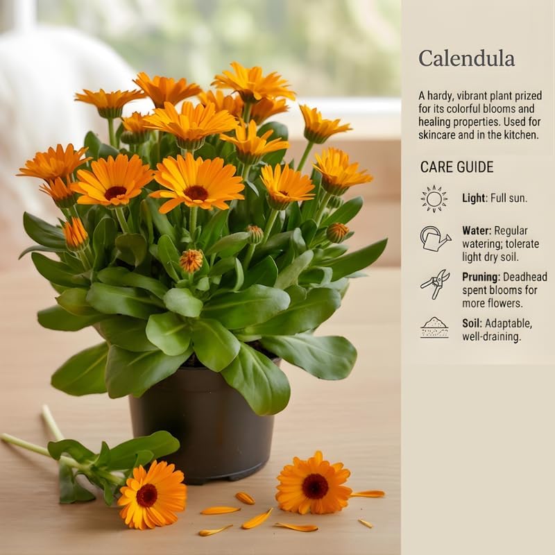 2 Orange Calendula Plants Live, 3-4 Inch Bare Root Size, Low Maintenance Flowering Herb for Sunny Landscapes and Pots