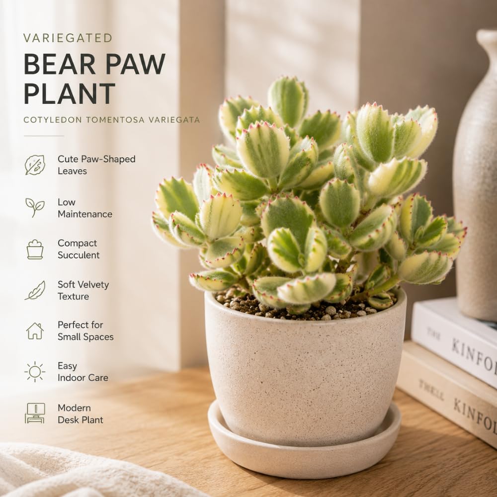 Live Succulent Plant, Variegated Bear Paws in 4" Pot, Vigorous Potted Cotyledon Tomentosa, Low Maintenance Plant for Home Office & Desk Decor