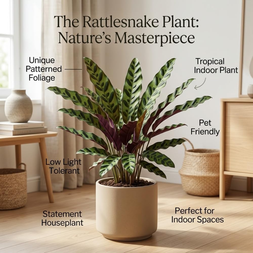 Calathea Rattlesnake Plant, 4 Inch Pot, Stunning Prayer Plant for Home Décor, Robust Pet-Friendly Houseplant, Easy to Care Pet-Friendly Décor