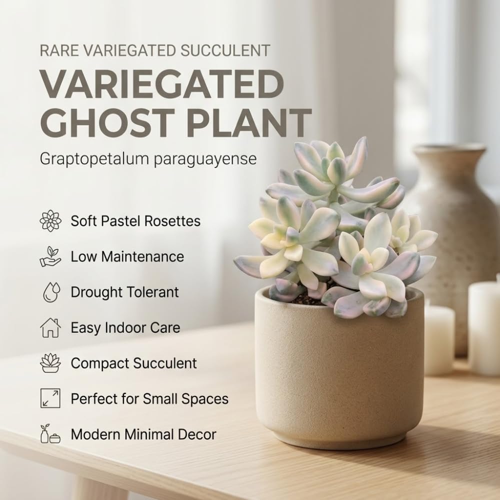 Live Succulent Plant, Variegated Ghost in 4 Inch Pot, Vigorous Graptopetalum Paraguayense Plant, Sturdy Low Maintenance Pet-Friendly Decor for Desks & Windowsills