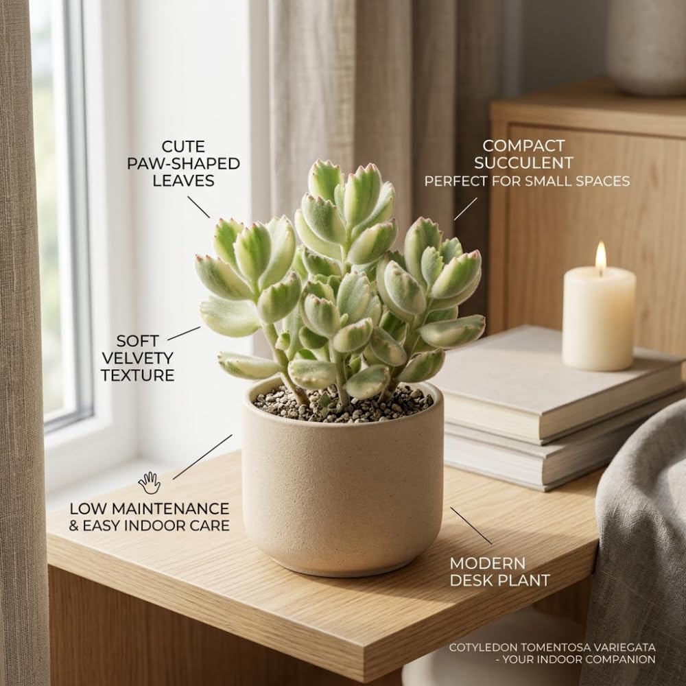 Variegated Bear Paw Succulent Plant Live, 2" Cotyledon Tomentosa Potted, Vigorous Houseplant, Easy to Care Drought Tolerant Decor