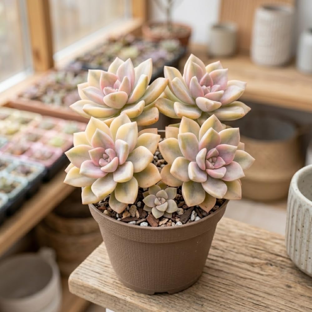 Variegated Ghost Plant Graptopetalum in 4" Pot, High-Vigor Low Maintenance Succulent - Pet-Friendly, Sturdy Growth for Shelves