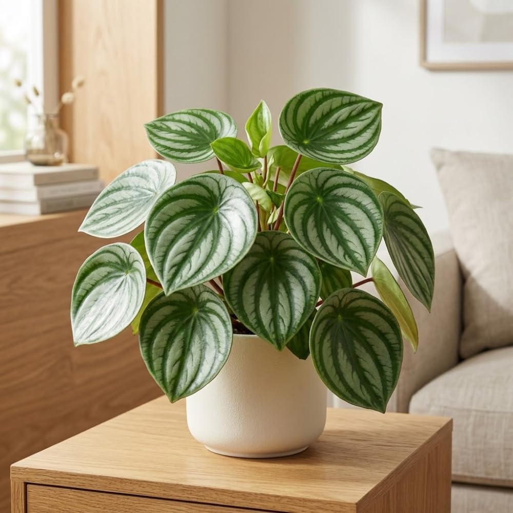 Peperomia Live Plant, Peperomia Watermelon Houseplant in 4'' Inch Pot, Easy Indoor Plant Live for Shelves, Desks & Small Spaces