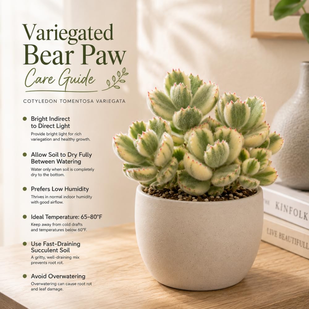 Live Succulent Plant, Variegated Bear Paws in 4" Pot, Vigorous Potted Cotyledon Tomentosa, Low Maintenance Plant for Home Office & Desk Decor