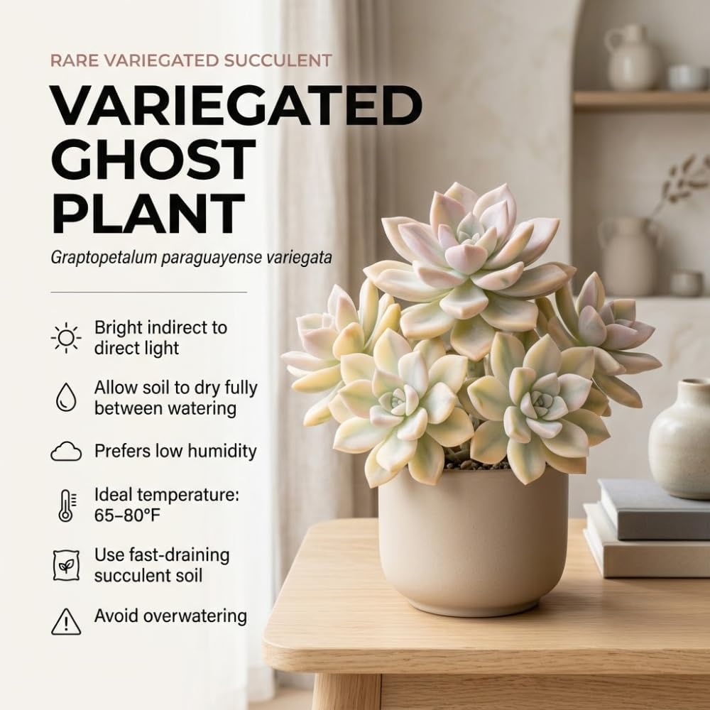 Succulent Plant Live, Variegated Graptopetalum Ghost Plant, 4" Pot, Easy to Care Pet-Friendly Décor, Low Maintenance Succulent for Indoor Spaces