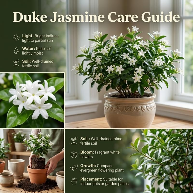 (No Ship to CA,HI,AK) Duke Jasmine Live Plant in 1 Gallon Pot, Vigorous Fragrant Flowering Shrub with Double White Blooms, Sturdy Low Maintenance Plant for Patios & Home Landscapes