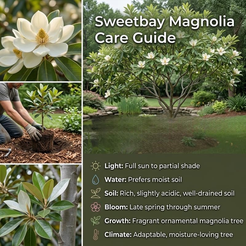 (No Ship to CA,HI,AK) Sweetbay Magnolia Plant, 3 Feet Tall in 3 Gallons Pot, Vigorous Flowering Shrub for Backyard Gardens & Patios, Elegant White Blossoms & Semi-Evergreen Foliage