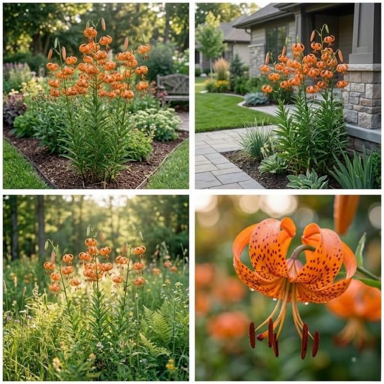 10 Tiger Lily Bulbs, Well-Rooted Turk's Cap Lilium Superbum Bulbs, Vigorous Growth Habit with Showy Recurved Orange Flowers