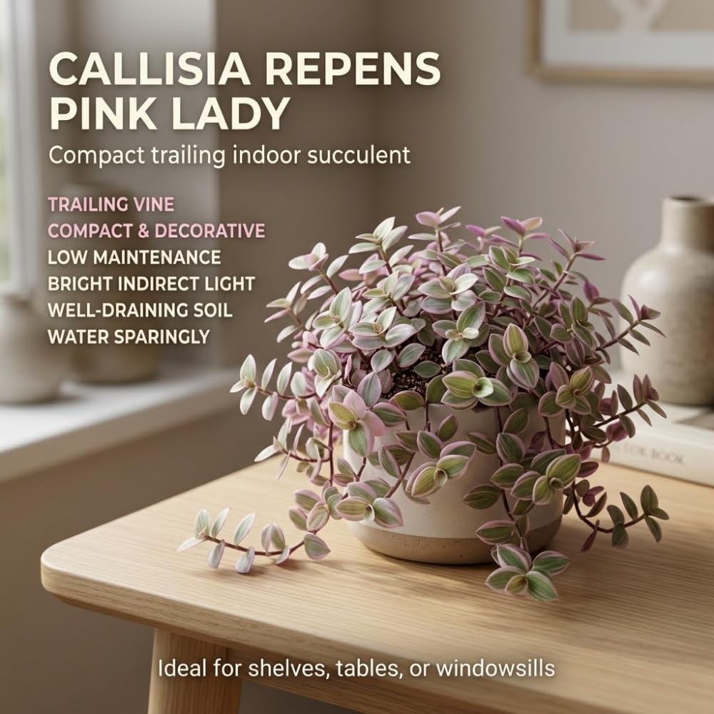 Live Succulent Pink Lady Turtle Vine Plant, 4" Potted Callisia Repens, Low Maintenance Trailing Houseplant for Indoor Spaces