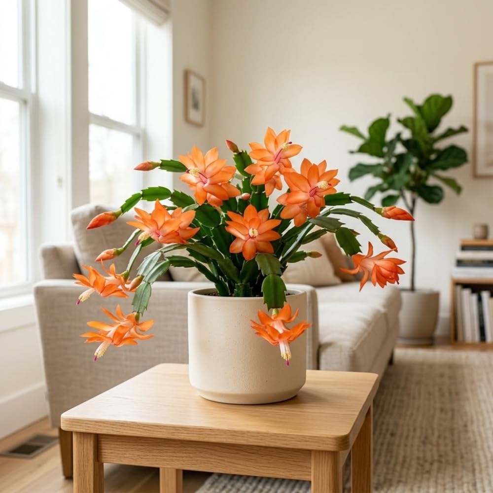 Orange Christmas Cactus Plant, 5-6 Inch Tall, Winter Blooming Succulent Starter for Home Décor, Low Maintenance Plant for Bright Indoor Spaces and Holiday Gifts
