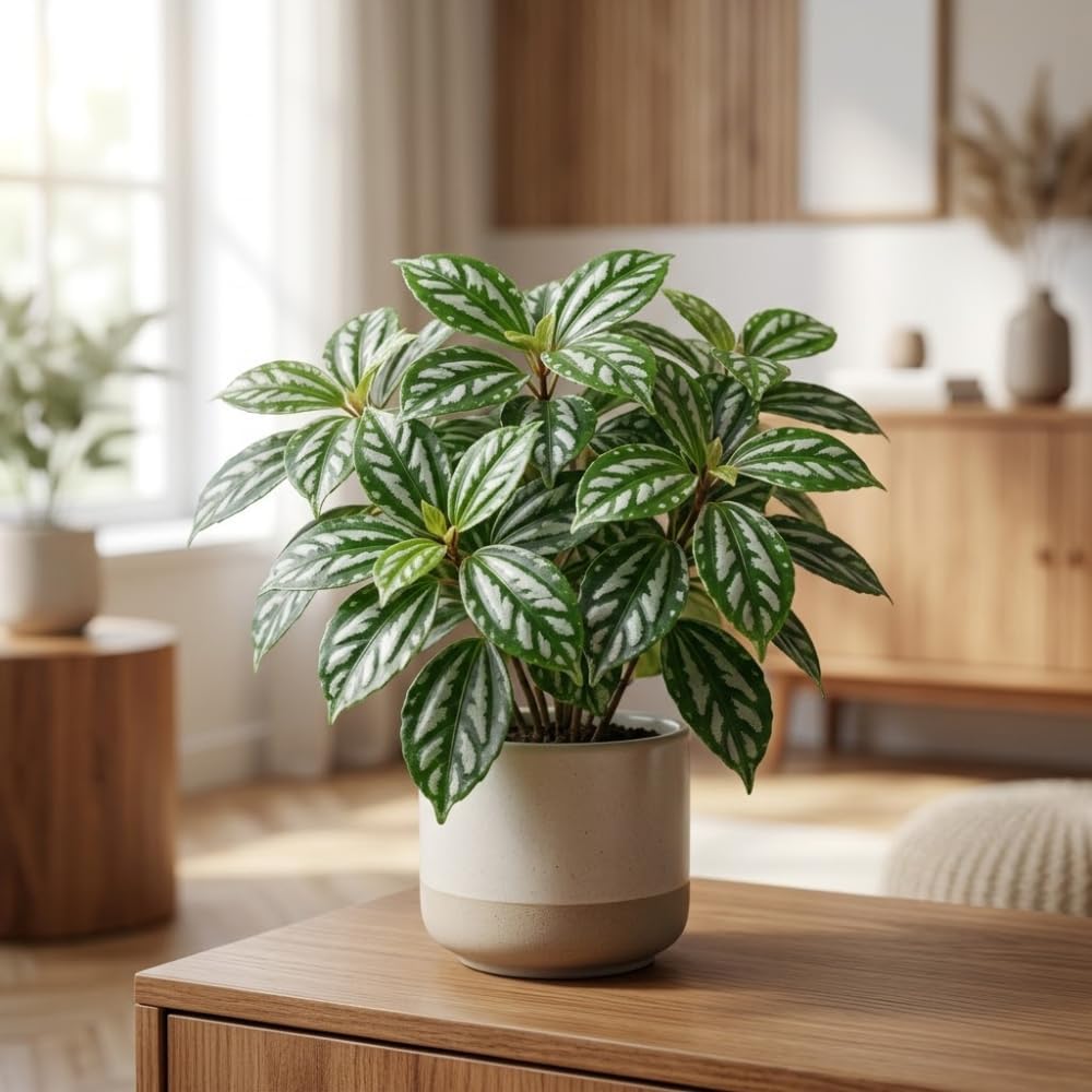 Pilea Cadierei Plant, 4" Potted Watermelon Pilea, High-Vigor Low Maintenance Houseplant for Desks, Pet-Friendly Silver & Green Foliage