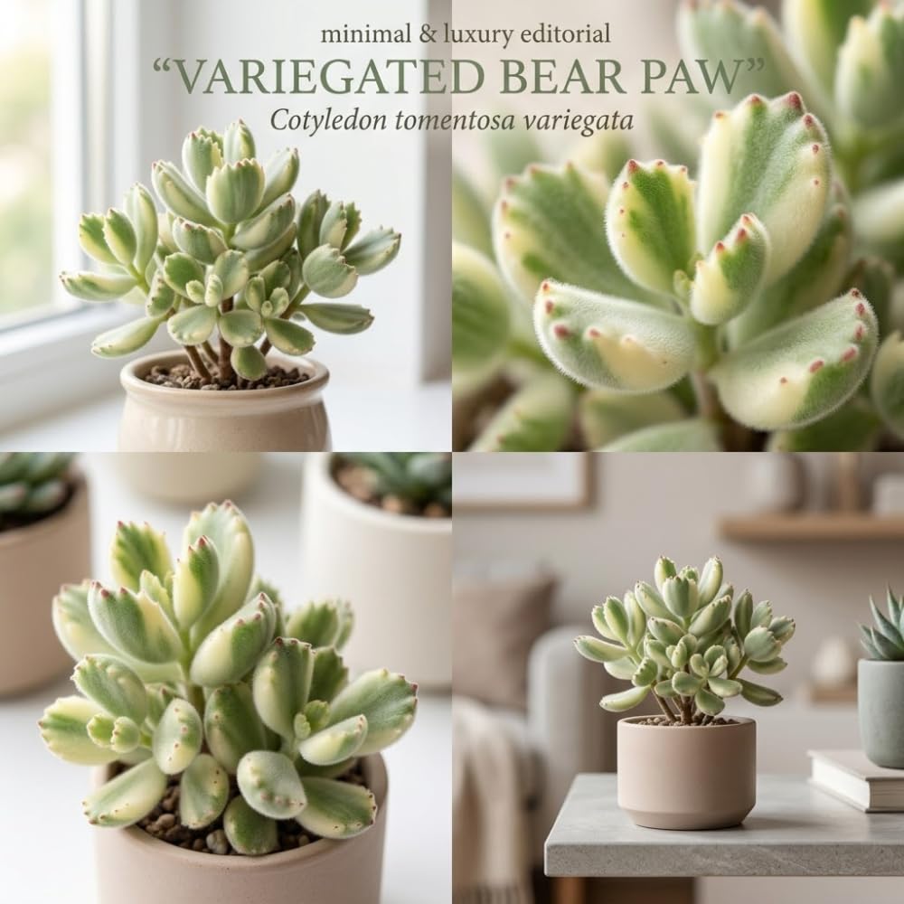 Variegated Bear Paw Succulent Plant Live, 2" Cotyledon Tomentosa Potted, Vigorous Houseplant, Easy to Care Drought Tolerant Decor