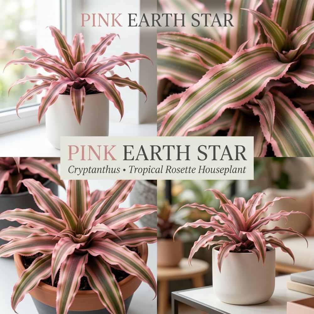 Pink Earth Star Plant, 4" Potted Cryptanthus Le Rey, High-Vigor Low Maintenance Indoor Bromeliad for Desks, Pet-Friendly Striped Pink Foliage