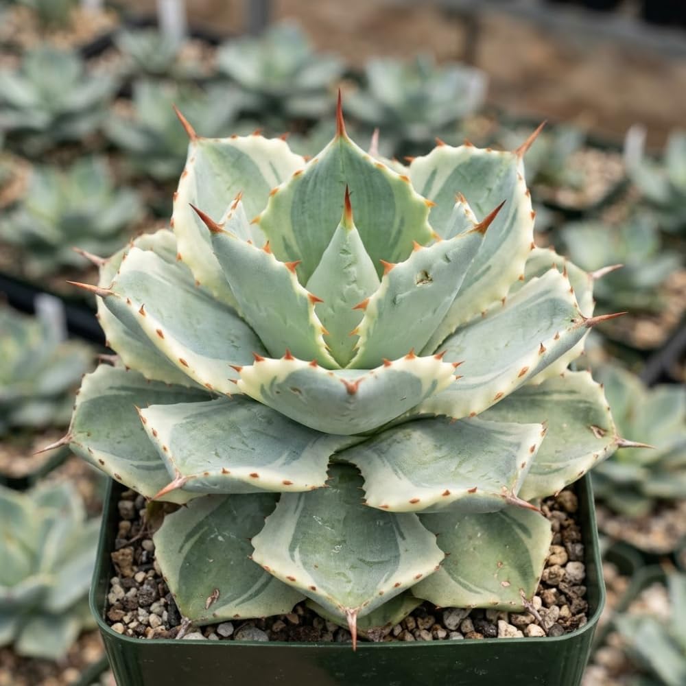 Variegated Agave Succulent Plant, 4" Pot, Robust Agave Isthmensis Hoji Raijin with Spiky Rosette, Sturdy Growth for Desks