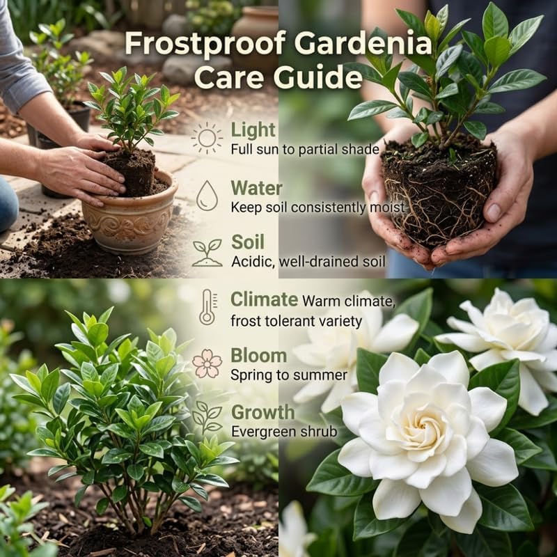 Frostproof Gardenia Jasminoides Plant, 4-5" Tall, High-Vigor Cold-Hardy Evergreen for Home Landscapes, Fragrant White Blossoms for Sun or Shade