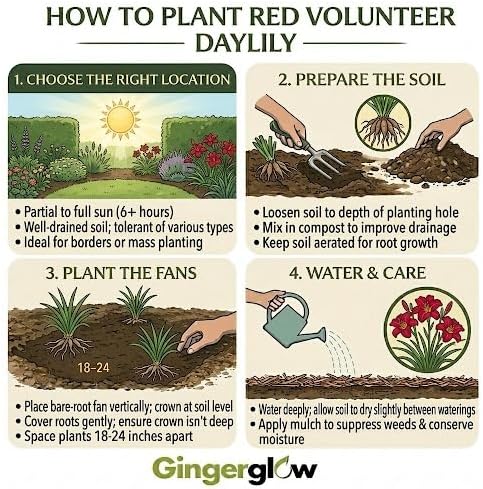 3 Red Volunteer Daylily Plants Live Bare Root Fans, Low Maintenance, Hardy Perennial Flowers, Ideal for Border Gardens, Beds & Outdoor Landscaping
