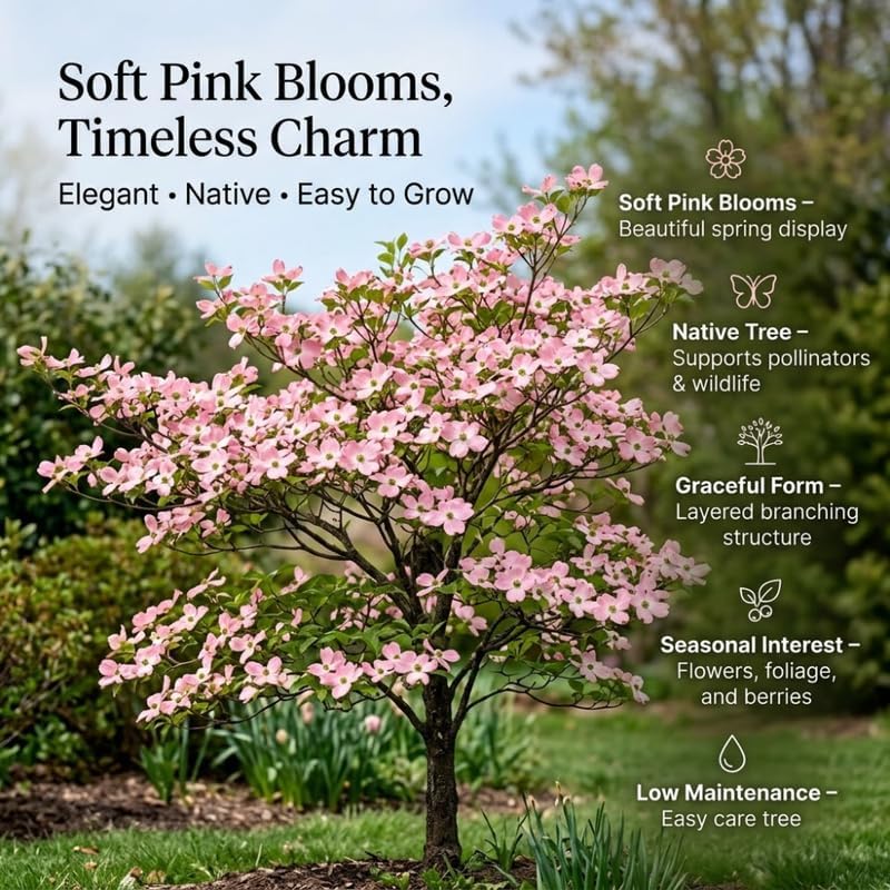 2 Pink Dogwood Tree, Cornus Florida Rubra, 6-12" Inch Tall in 2.5 Pot, Cold-Hardy Flowering Perennial, Low Maintenance Tree with Pink Blossoms