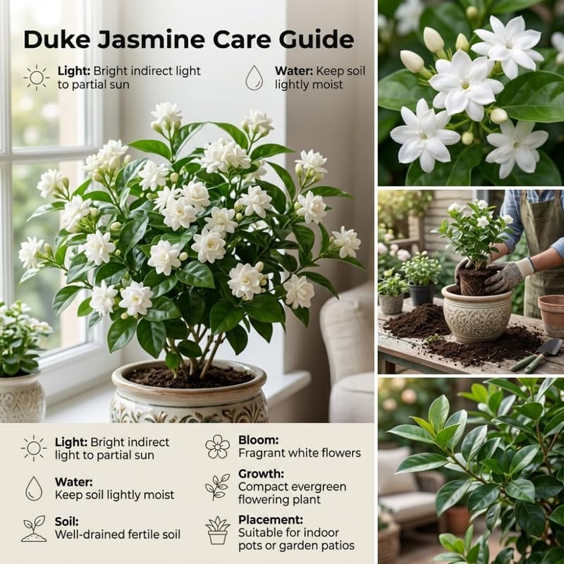 (No Ship to CA,HI,AK) Duke Jasmine Live Plant in 2 Gallon Pot, Vigorous Fragrant Flowering Shrub with Double White Blooms, Sturdy Low Maintenance Plant for Patios & Home Landscapes