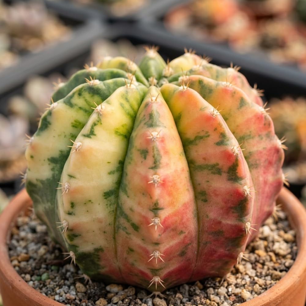 Variegated Gymnocalycium Cactus, 4" Pot, High-Vigor Low Maintenance Indoor Plant for Windowsills - Striking Pink & Yellow Ribbed Stem