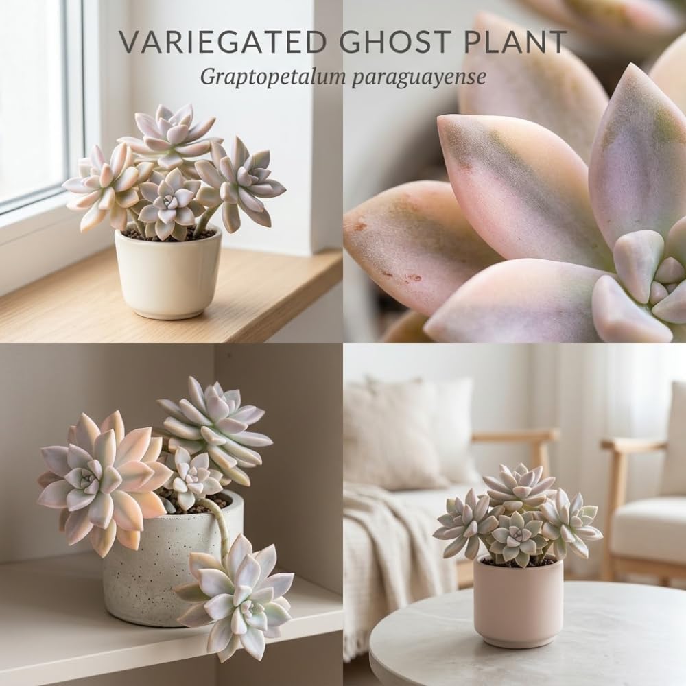 Variegated Ghost Plant Graptopetalum in 4" Pot, High-Vigor Low Maintenance Succulent - Pet-Friendly, Sturdy Growth for Shelves