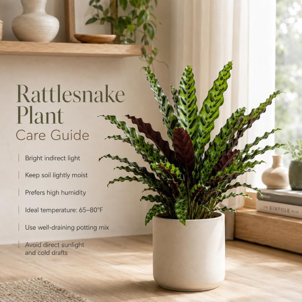 Calathea Rattlesnake Live Houseplant, 4 Inch Pot, Sturdy Low Maintenance Pet-Friendly Plant with Patterned Foliage for Home & Office Decor