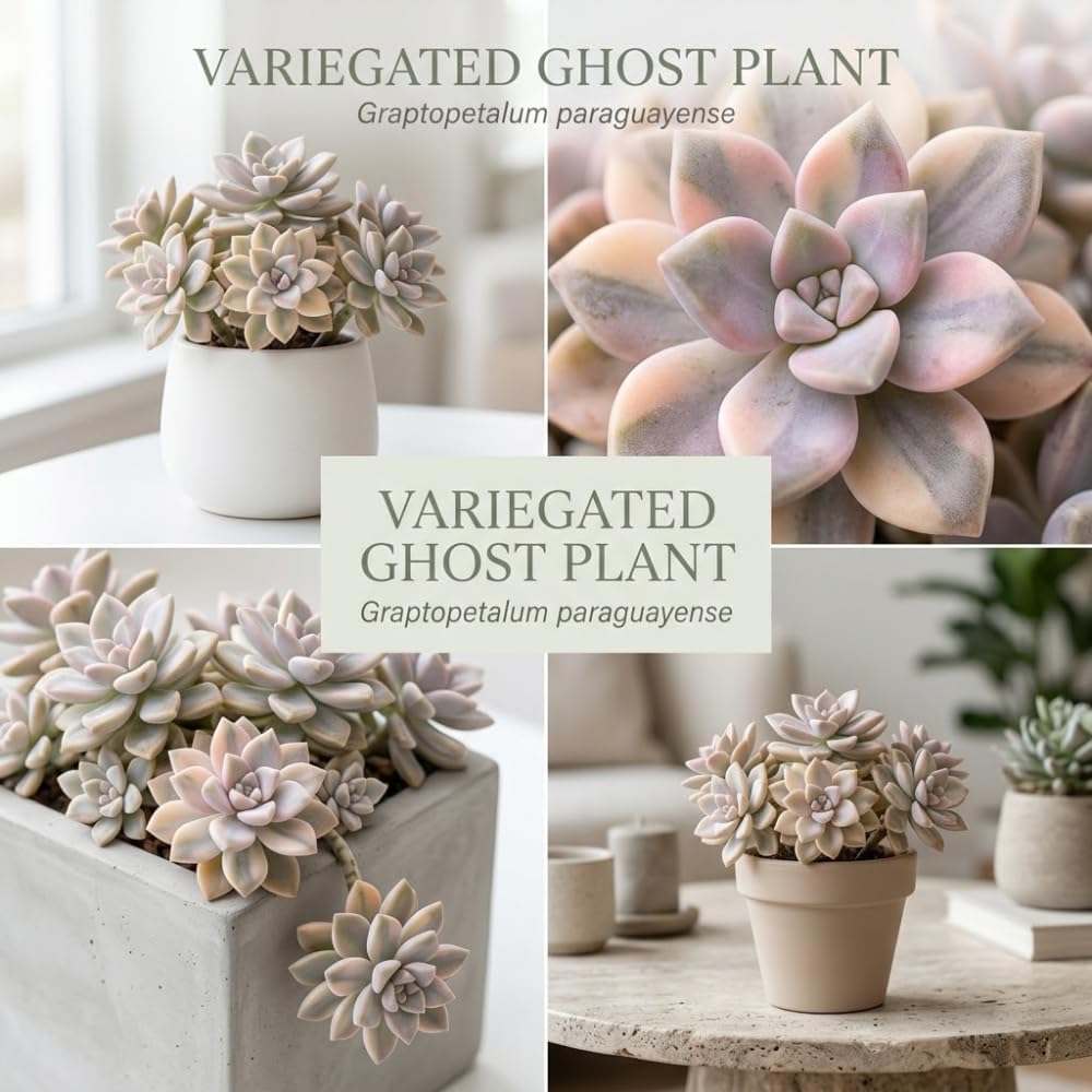 Succulent Plant Live, Variegated Graptopetalum Ghost Plant, 4" Pot, Easy to Care Pet-Friendly Décor, Low Maintenance Succulent for Indoor Spaces