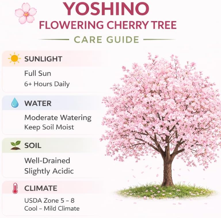 2 Yoshino Cherry Blossom Trees, 6-12 Inch Tall, Easy Care, Hardy Ornamental Flowering Cherry Tree, Ideal for Yard, Garden & Landscape