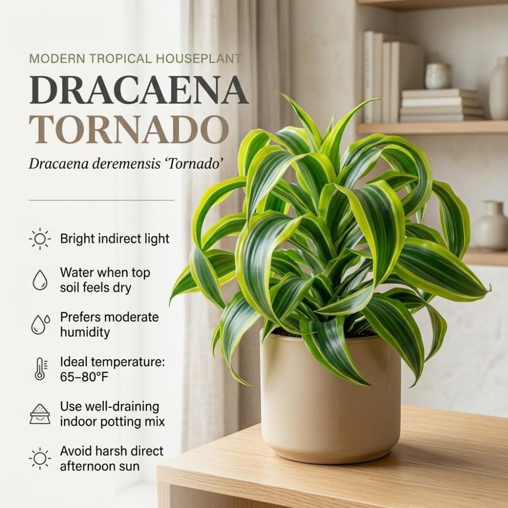 2 Dracaena Tornado Plant, 4" Pot, Easy to Care Low Light Adaptable Décor, Robust Tropical Houseplant, Sturdy Upright Growth