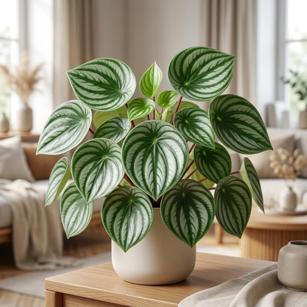 Watermelon Peperomia Plant Live Indoor, Peperomia Argyreia Plant in 4'' Inch Pot, Low-Maintenance Peperomia Live Plant, Ideal Plant for Home & Office