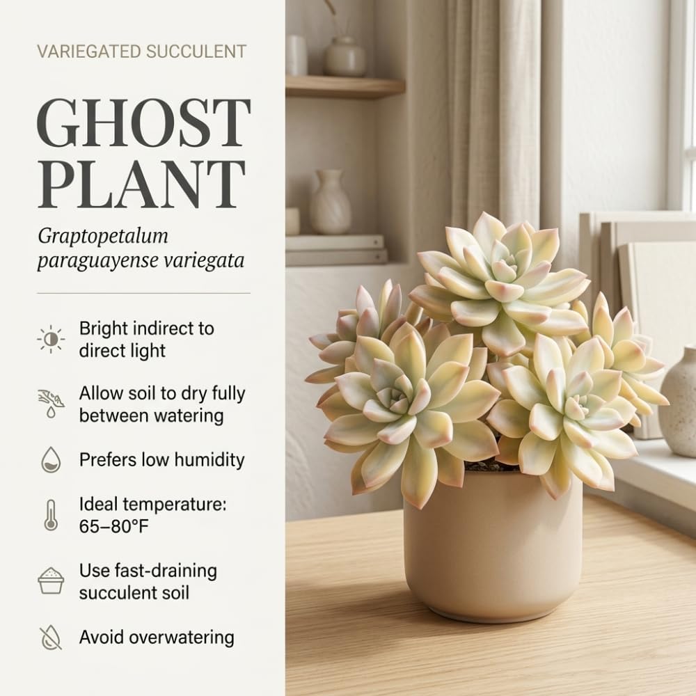 Variegated Ghost Plant Graptopetalum in 4" Pot, High-Vigor Low Maintenance Succulent - Pet-Friendly, Sturdy Growth for Shelves
