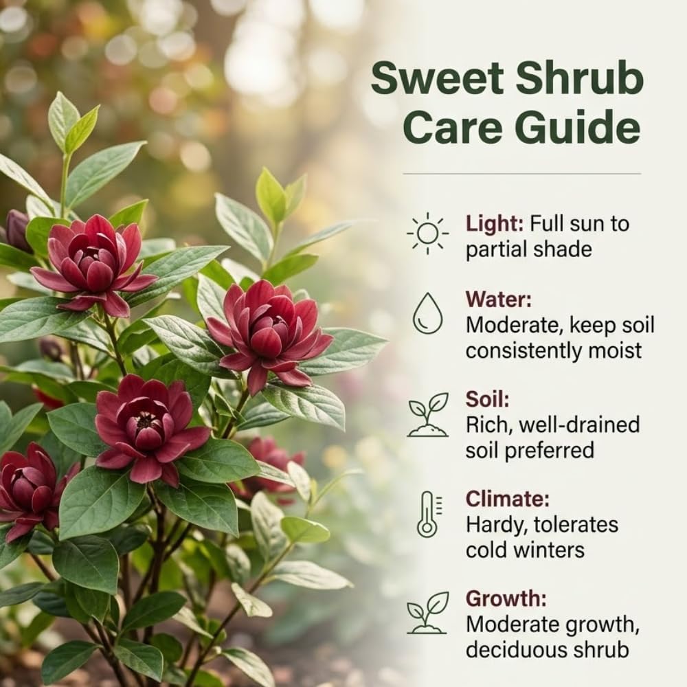 Sweet Shurb Bush Live Plant, Carolina Allspice, Well-Rooted 12-18" Potted in 4" Pot, Cold-Hardy Sweet Shrub for Home Gardens