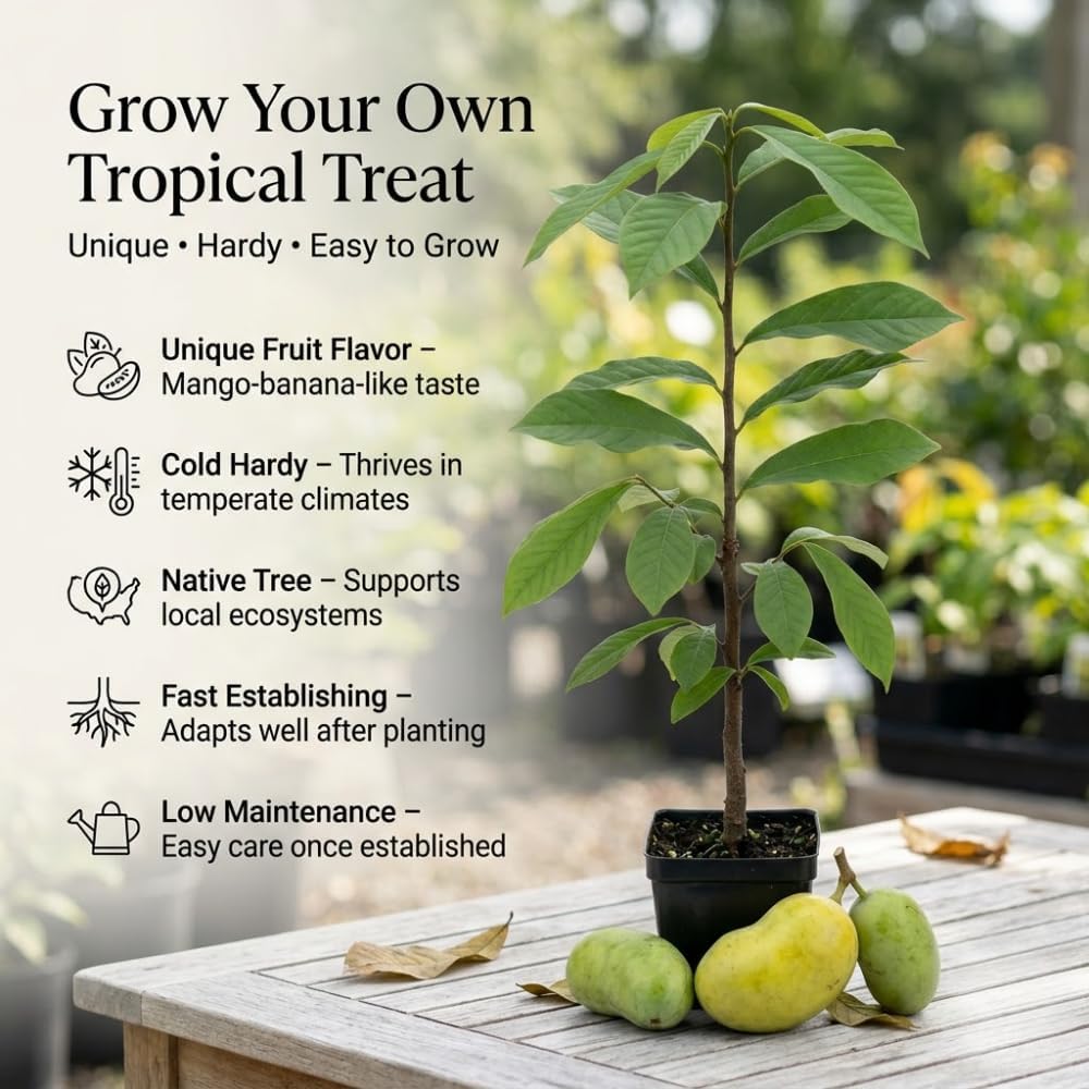 Pawpaw Tree Live Plant, 12 to 18 Inch Tall, Well-Rooted in 1 Quart Container, Cold-Hardy Edible Plant for Home Landscapes