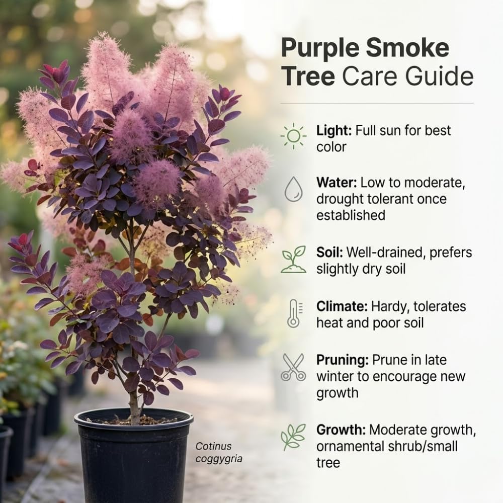 Purple Smoke Bush Plant, 4" Pot - 12-18 Inch Tall, Vigorous Growth Habit with Vibrant Red Autumn Leaves, Live Tree for Modern Landscapes