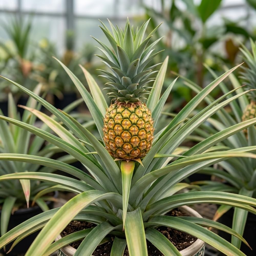 Pineapple Live Plant, 6 Inch Pot, Sturdy Low Maintenance Edible Bromeliad for Home Gardens, Grow Sweet Exotic Fruits & Striking Spiky Foliage