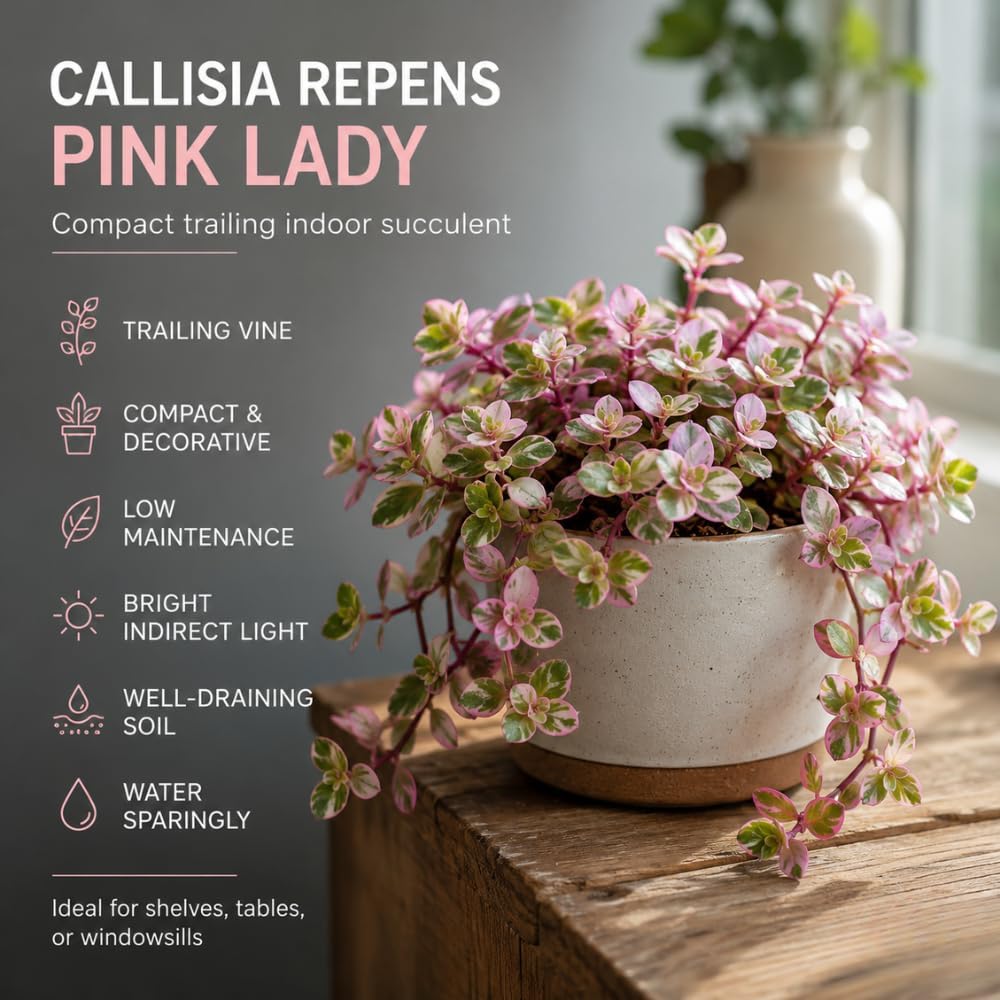 Live Succulent Plant, 4" Pot, Callisia Repens Pink Lady Live Houseplant with Pink Striped Leaves, Sturdy Low Maintenance Trailing Plant for Home & Office Decor