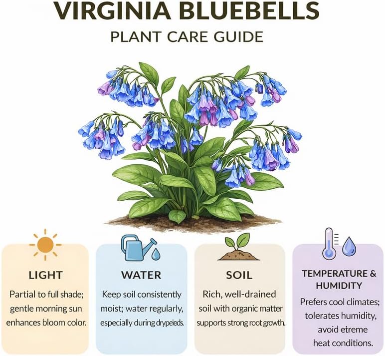 5 Virginia Bluebells Roots, Easy Care Bluebell Wild Flower, Hardy Perennial Plant with Soft Pastel Blue Bloom for Shade Gardens & Woodland Beds