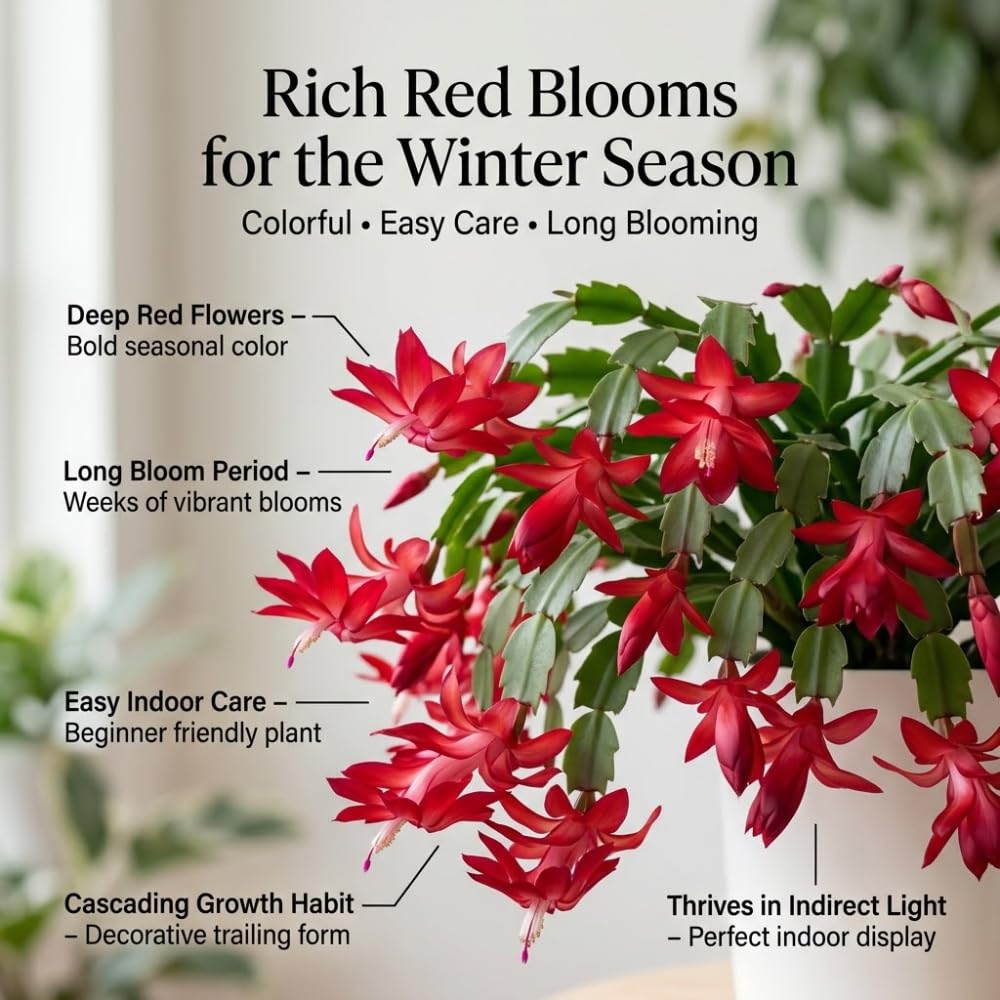 Orange Christmas Cactus Plant, 5-6 Inch Tall, Winter Blooming Succulent Starter for Home Décor, Low Maintenance Plant for Bright Indoor Spaces and Holiday Gifts
