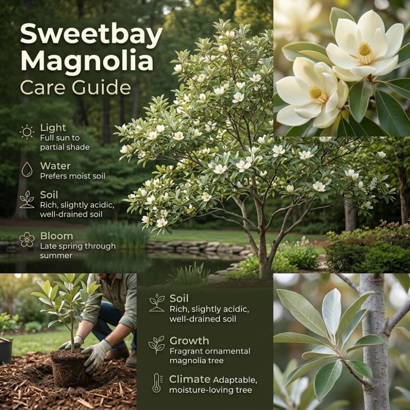 (No Ship to CA,HI,AK) Sweetbay Magnolia Tree, 3 Gallon Potted Plant, 3 Ft Tall, High-Vigor Cold-Hardy Flowering Shrub for Home Landscapes, Tree for Wet Soils with Lemon-Scented Blossoms