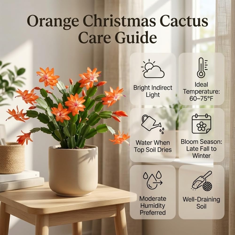 Orange Christmas Cactus Plant, 5-6 Inch Tall, Winter Blooming Succulent Starter for Home Décor, Low Maintenance Plant for Bright Indoor Spaces and Holiday Gifts