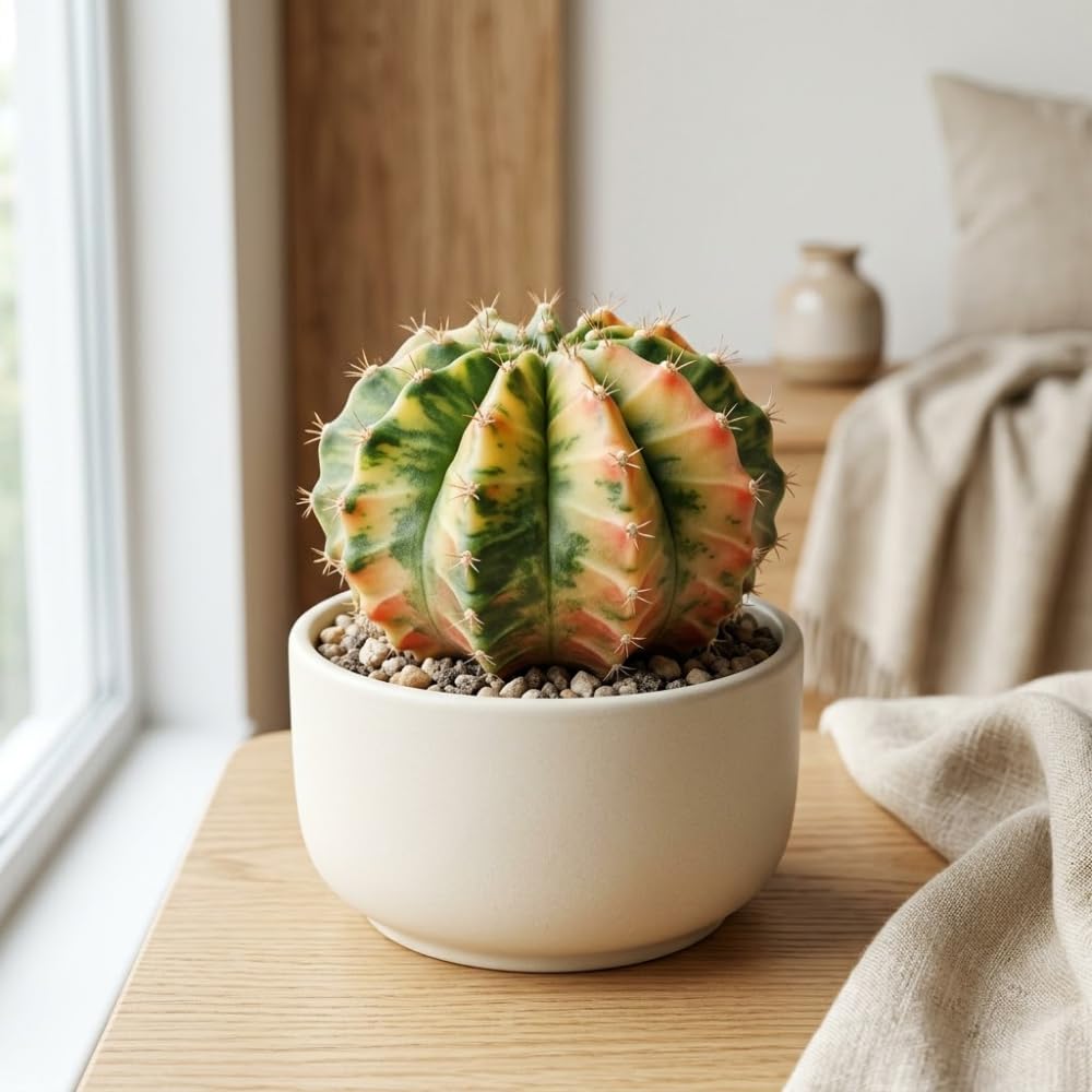 Variegated Gymnocalycium Cactus, 4" Pot, High-Vigor Low Maintenance Indoor Plant for Windowsills - Striking Pink & Yellow Ribbed Stem