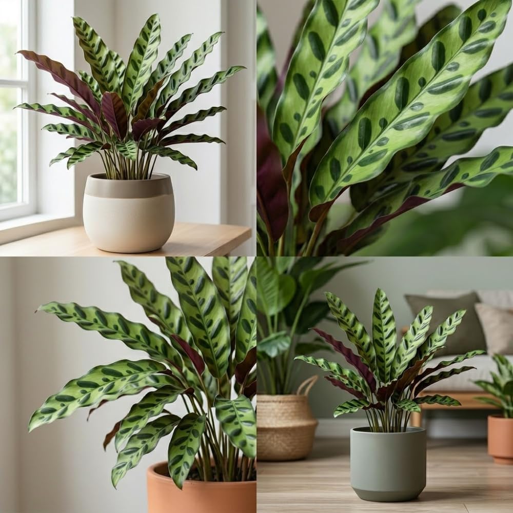 Calathea Rattlesnake Plant, 4" Pot, High-Vigor Low Maintenance Houseplant for Desks, Pet-Friendly Wavy Green & Purple Foliage