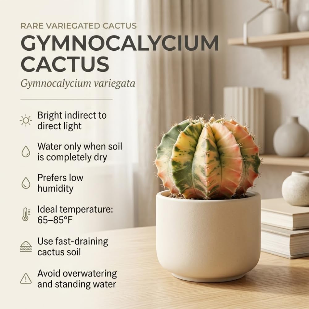 Variegated Gymnocalycium Cactus, 4" Pot, High-Vigor Low Maintenance Indoor Plant for Windowsills - Striking Pink & Yellow Ribbed Stem