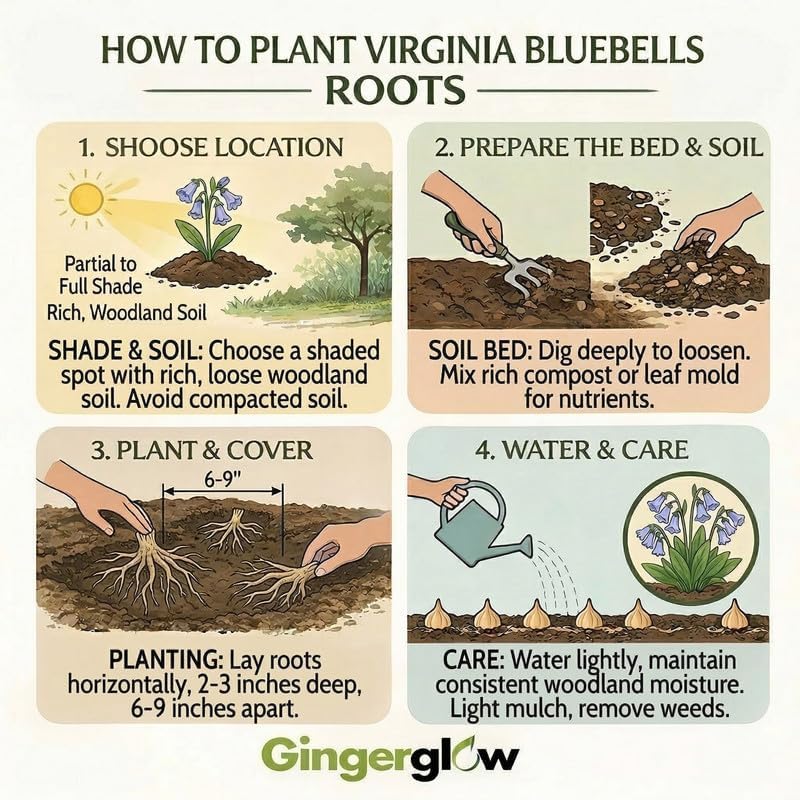 10 Virginia Bluebells Plants Roots, Easy to Grow Mertensia Virginica, Low Maintenance Bell-Shaped Blue Flowers for Shaded Landscaping