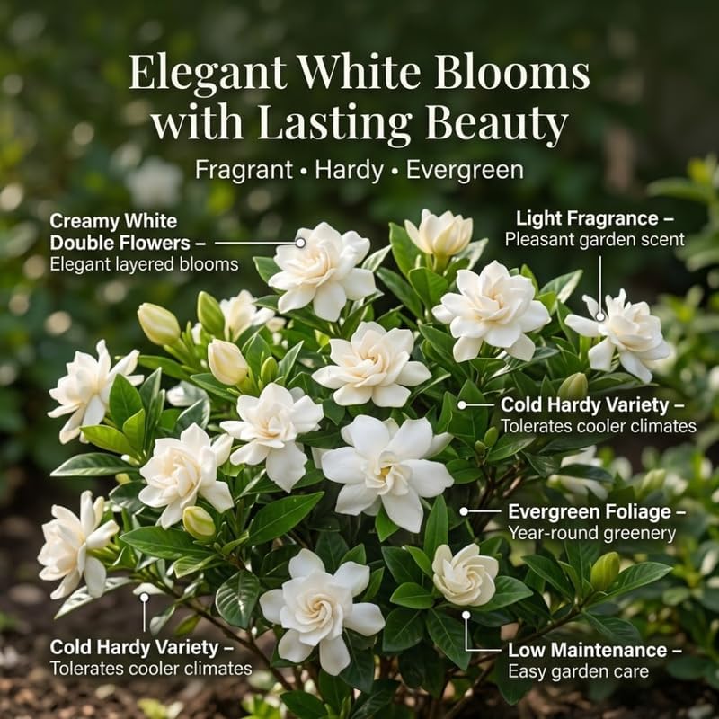 Frostproof Gardenia Jasminoides Plant, 4-5" Tall, High-Vigor Cold-Hardy Evergreen for Home Landscapes, Fragrant White Blossoms for Sun or Shade