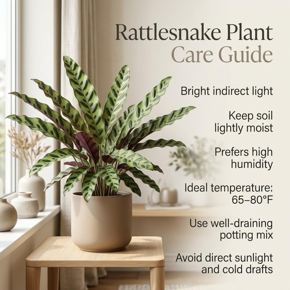 Calathea Rattlesnake Plant, 4 Inch Pot, Stunning Prayer Plant for Home Décor, Robust Pet-Friendly Houseplant, Easy to Care Pet-Friendly Décor