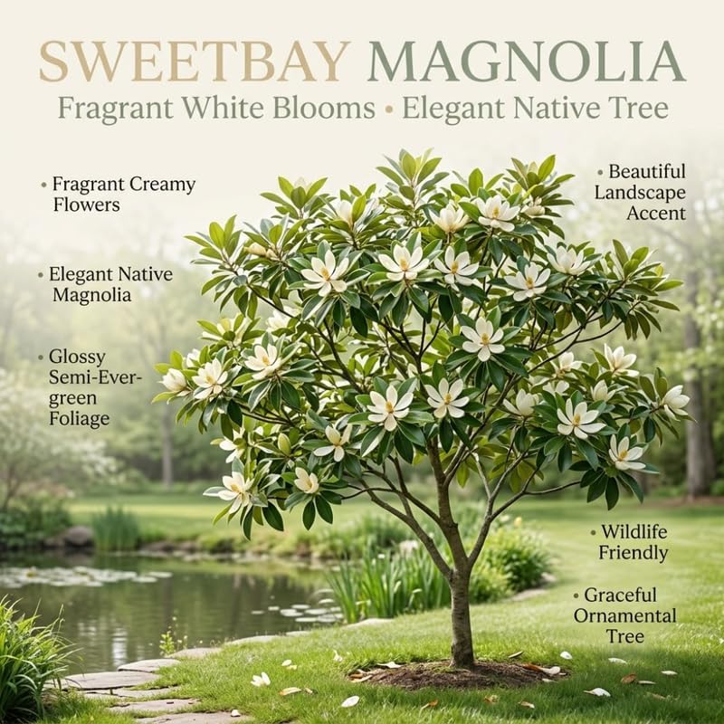 (No Ship to CA,HI,AK) Sweetbay Magnolia Tree Live Plant, 3 Feet Tall in 3 Gallon Pot, Vigorous Cold-Hardy Flowering Plant, Sturdy Low Maintenance Shade Tree with Fragrant White Blooms