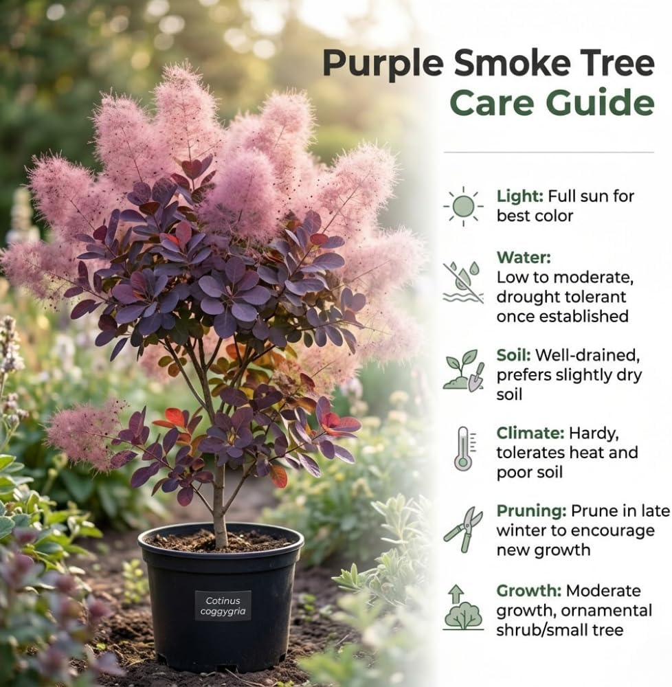 2 Purple Smoke Tree Plants Live, 12-18 Inch Tall in 4" Pot, Royal Purple Foliage Ornamental Shrub, Cold-Hardy Decorative Plant for Sun